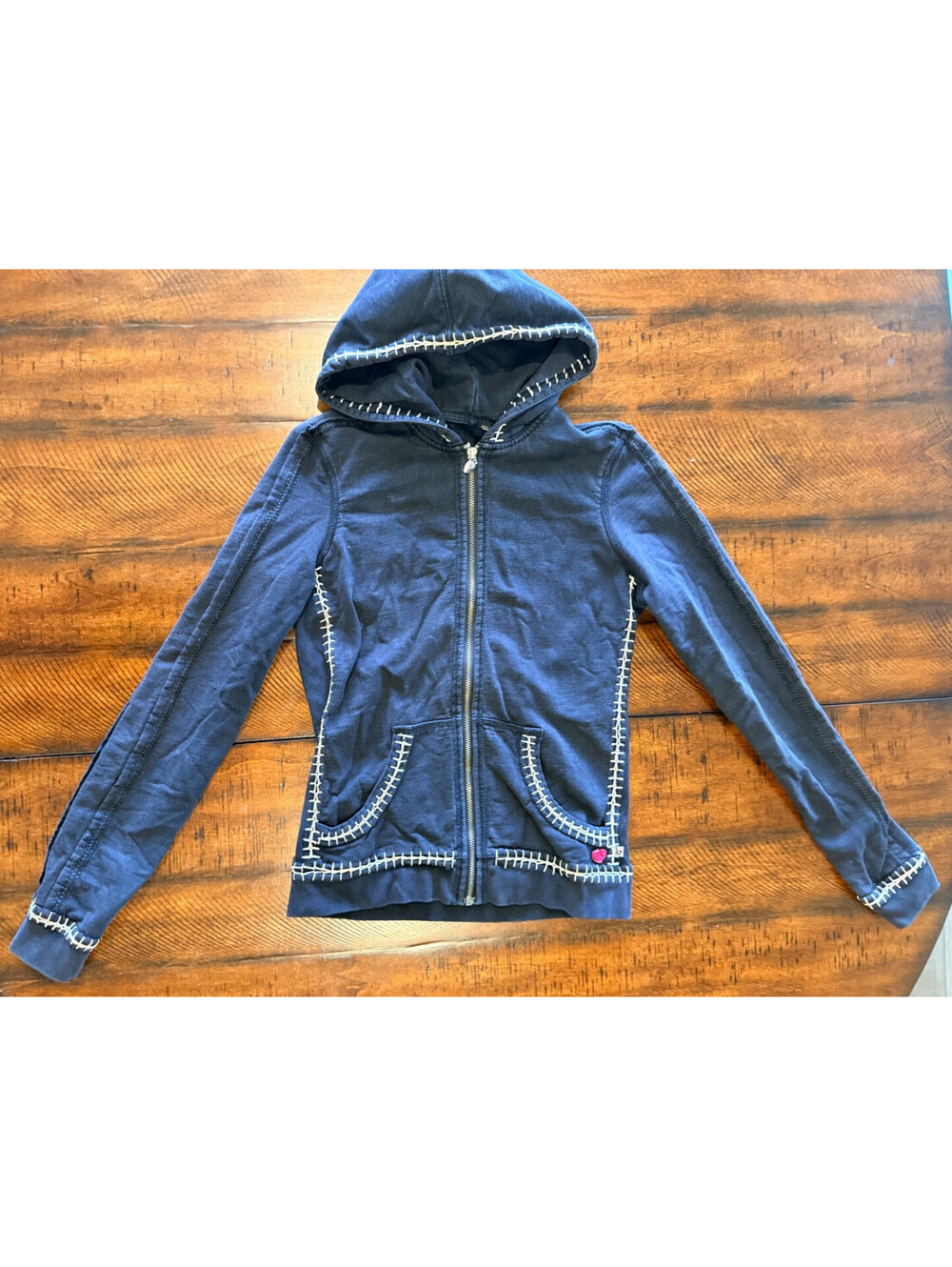 Twisted Heart Black Full Zip Hoodie Jacket Embroidered Embellished Heart, Small